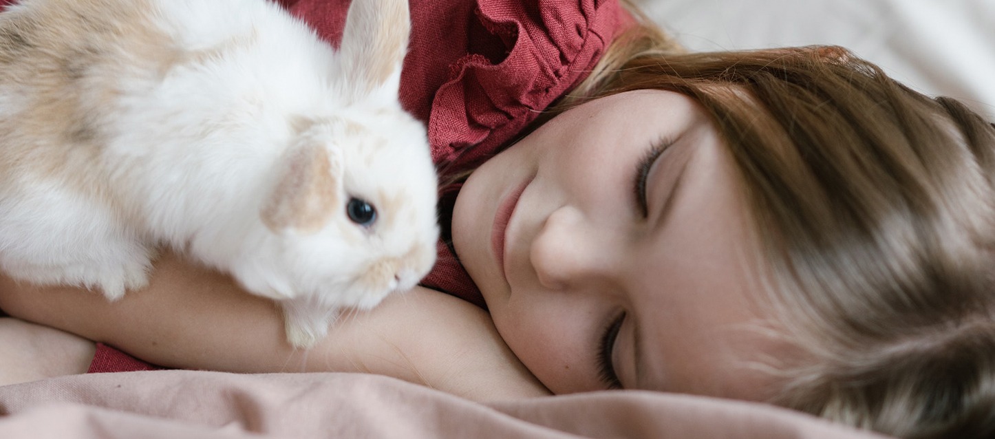 Menina pequena deitada na cama com um coelhinho ao seu lado.